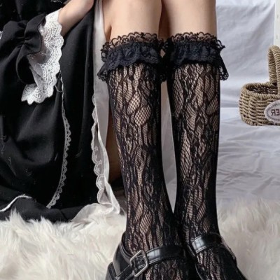 女夏中筒lolita白色蕾丝小腿袜 洛丽塔白丝袜jk花边日系ins白袜子