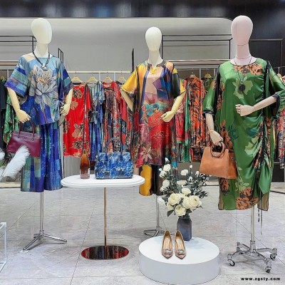 金兆成21夏 大码女装桑蚕丝连衣裙 品牌折扣尾货走份批发 中老年妈妈装拿货 知恩