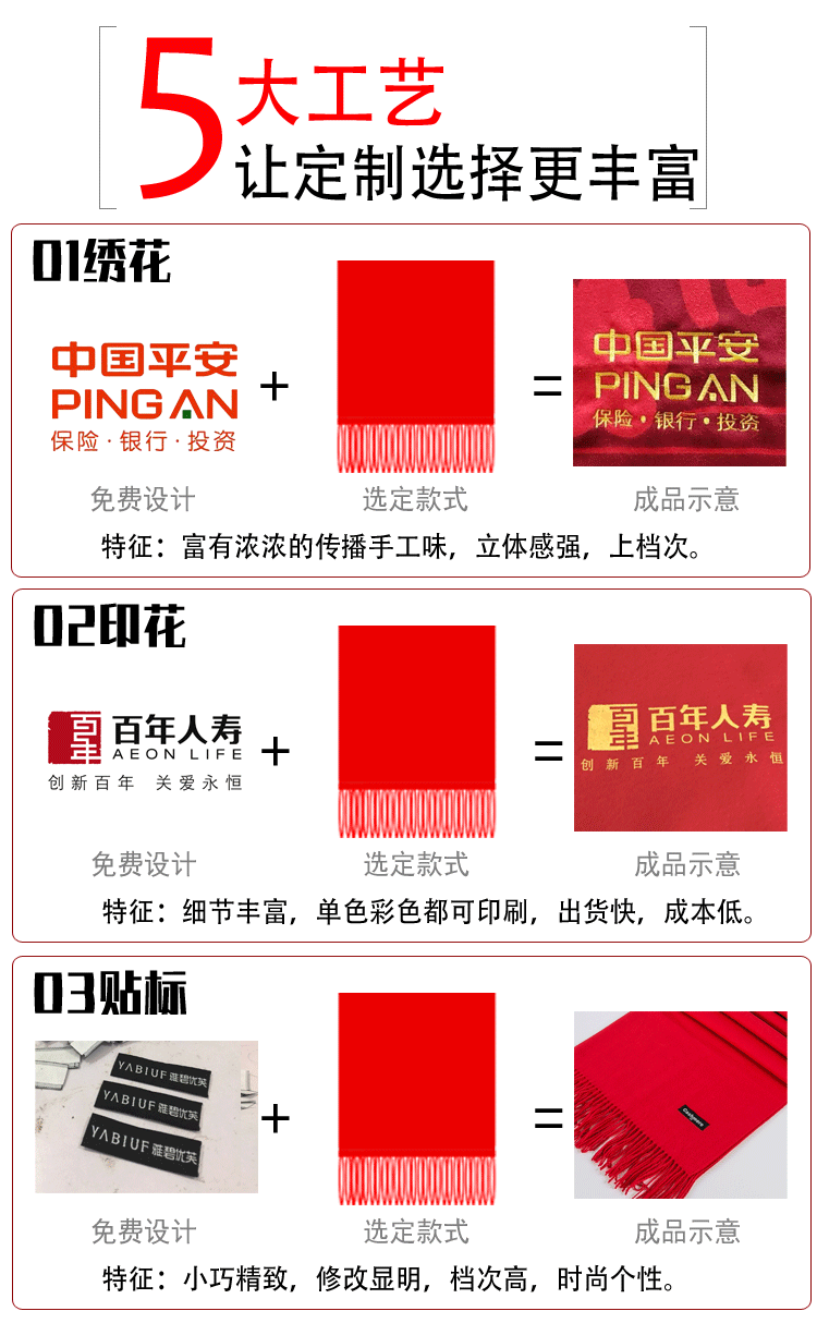 双鱼福如意福中老年福字围巾定制刺绣logo印字围脖中国红围巾礼品示例图2