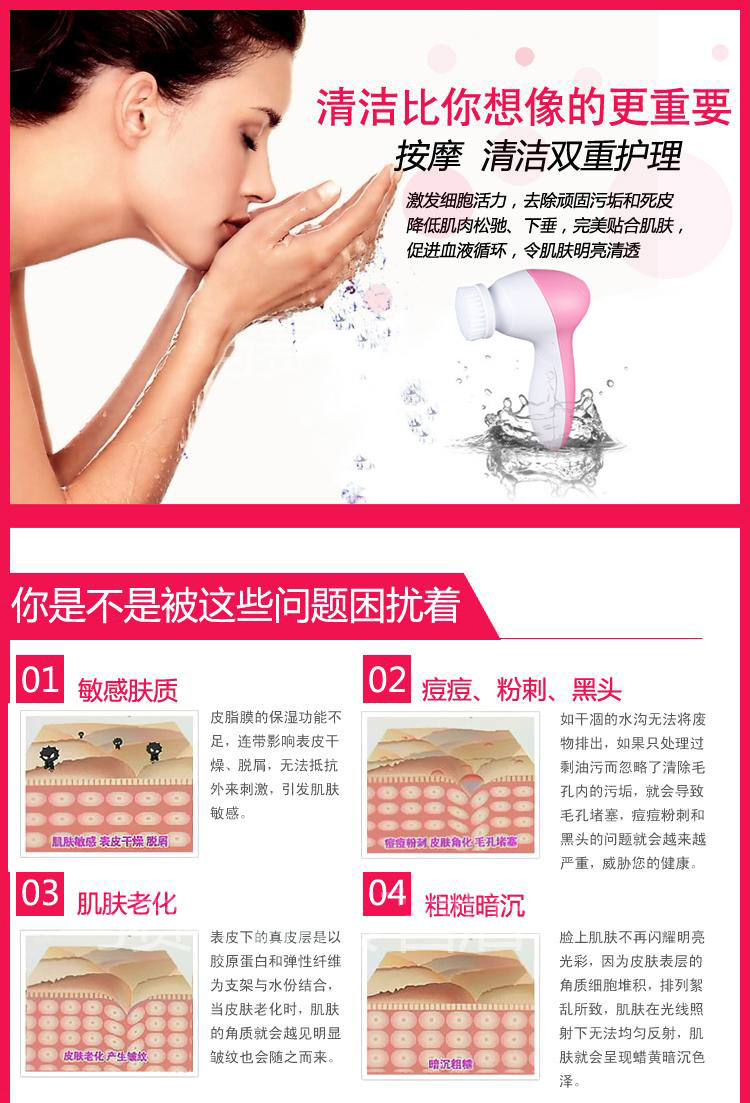 爆款洗脸神器洁面仪 五合一旋转洁面仪 脸部按摩器洗脸刷清洁毛孔示例图8